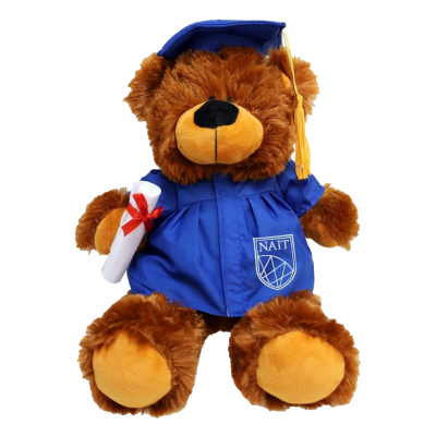 Plush Grad Bear Bobby 12" Blue Gown & Cap Sitting W/Nait Log