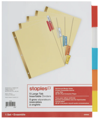 Index Dividers Paper 5 Tab Large Assorted Colors